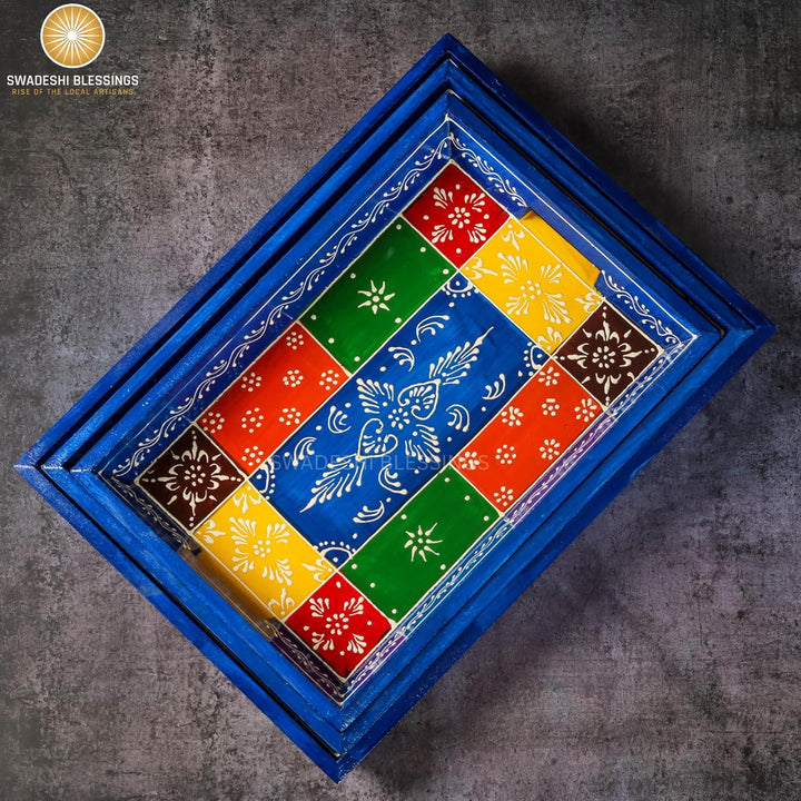 Swadeshi Blessings Serviertablett-Set aus Holz, handgefertigt und handbemalt, für Küche/Tisch und He