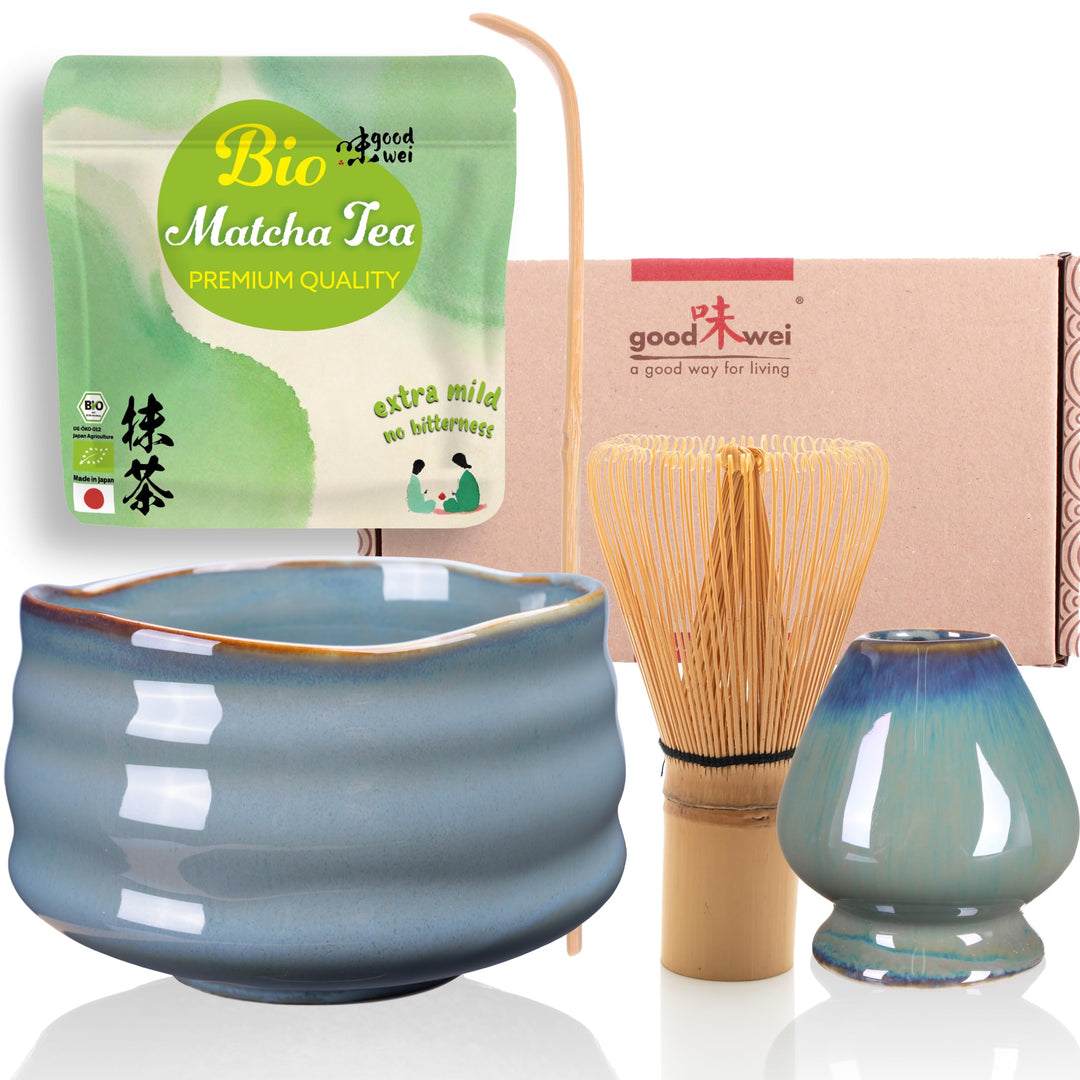 Goodwei Matcha Set mit BIO Matcha Pulver und hochwertiger Schale Chawan aus Keramik, Bambus-Matchabe