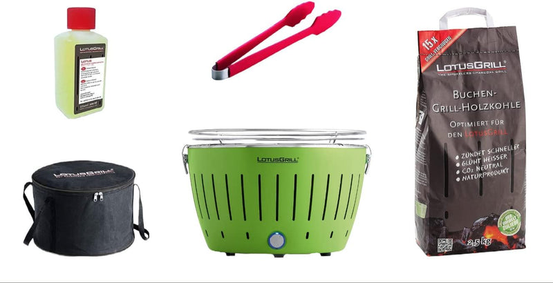 LotusGrill Starter-Set Classic 1x Grill Limettengrün USB-Anschluss, 1x Buchenholzkohle 2,5 kg, 1x Br