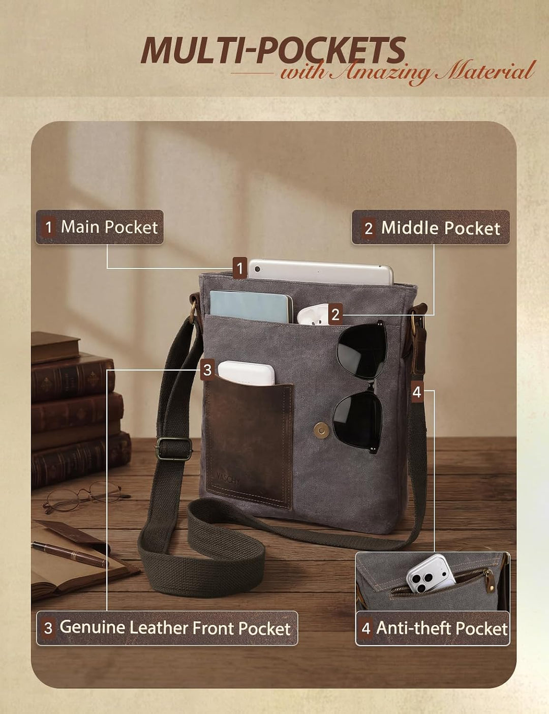 VASCHY Umhängetasche Herren mit RFID-Schutz,Vintage Messenger Bag Herrentasche Schultertasche Kurier