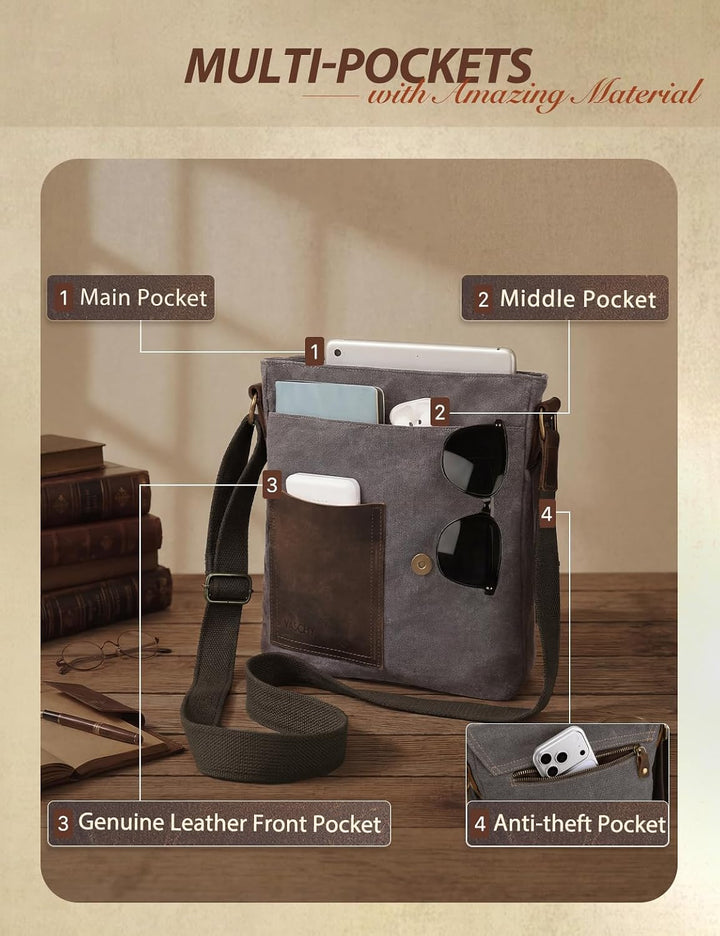 VASCHY Umhängetasche Herren mit RFID-Schutz,Vintage Messenger Bag Herrentasche Schultertasche Kurier