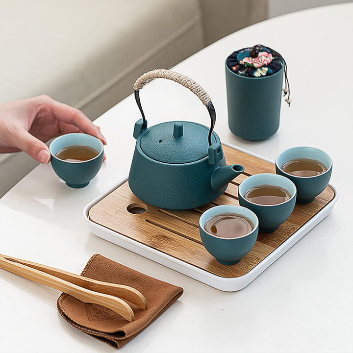 fanquare Japanisches Tragbare Reise Tee Set mit Reisetasche, Grün Chinesisches Tee Set aus Keramik,