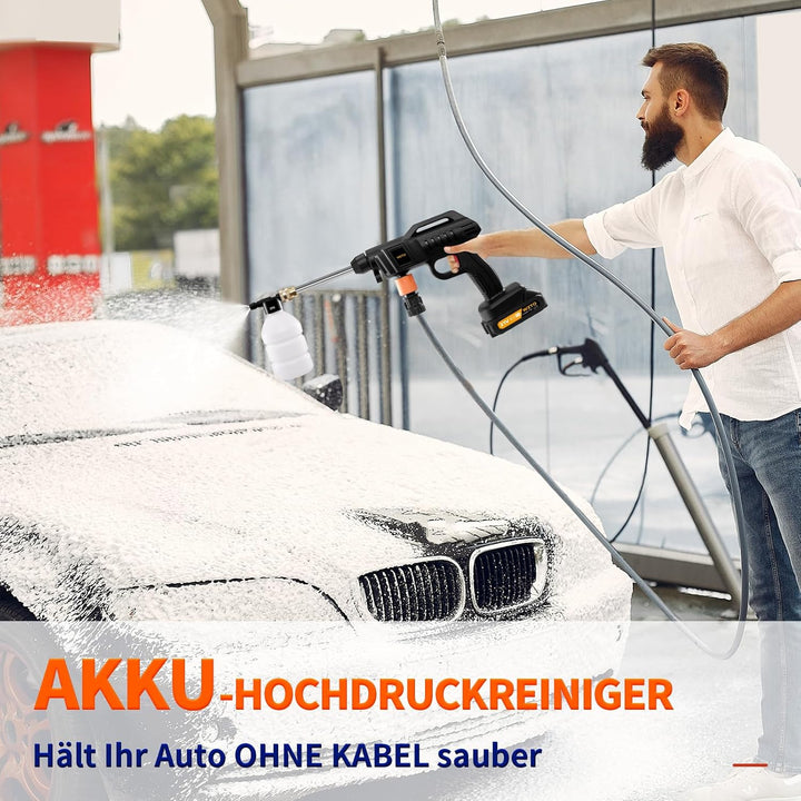 Akku Hochdruckreiniger, 21V 60Bar Mobile Akku-Hochdruckreiniger mit 2 Akkus, 3-in-1 Düse, 5m Schlauc