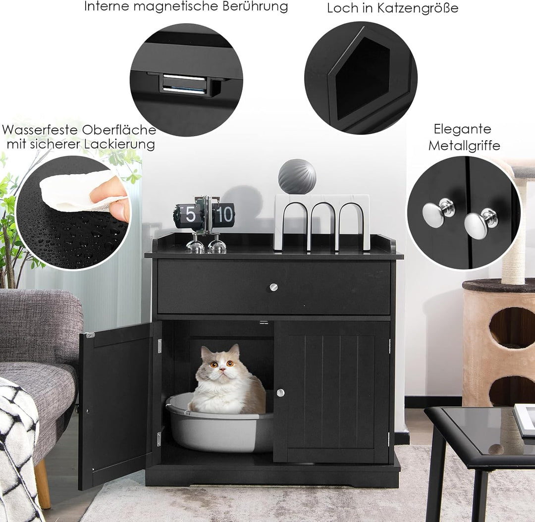 GOPLUS 3 in 1 Katzenschrank, Katzenklo mit Schubladen, Doppeltüren und Katzenlöchern, versteckte Kat