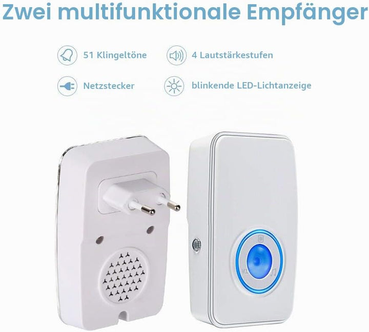 『Keine Batterie Erforderlich』Drahtlose Türklingel wasserdicht, AURTEC-Türklingel-Kit mit 2 Empfänger