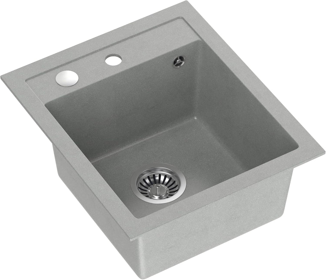 VBChome Spülbecken Grau 43 x 50 cm Granit Einzelbecken Einbauspüle gesprenkelt Verbundspüle + Siphon