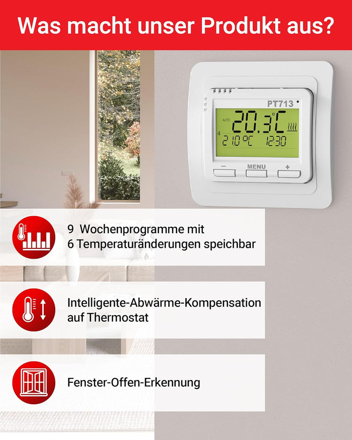 Elektrobock Digitaler Raumthermostat für Fussbodenheizung, PT713 Ei