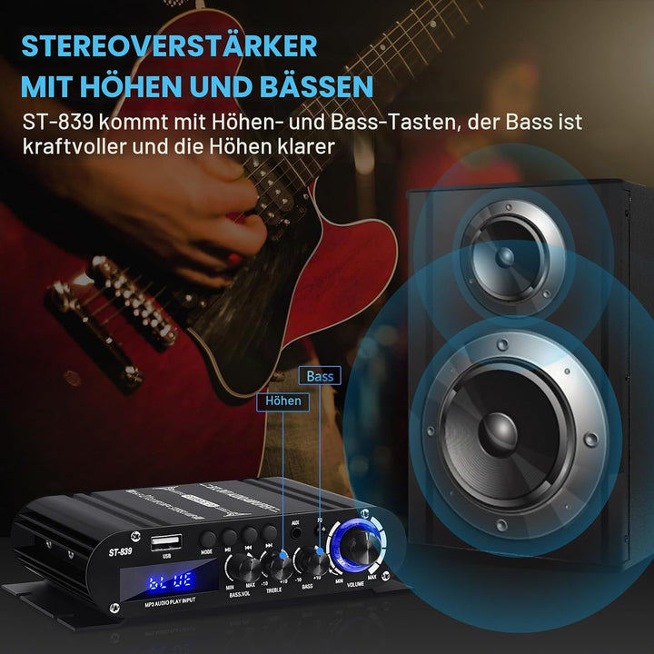 HiFi-Verstärker ST-839 Bluetooth5.0 Stereo-Audioverstärker Receivers 2.1 Kanäle 25WX2+40W Max. 100W