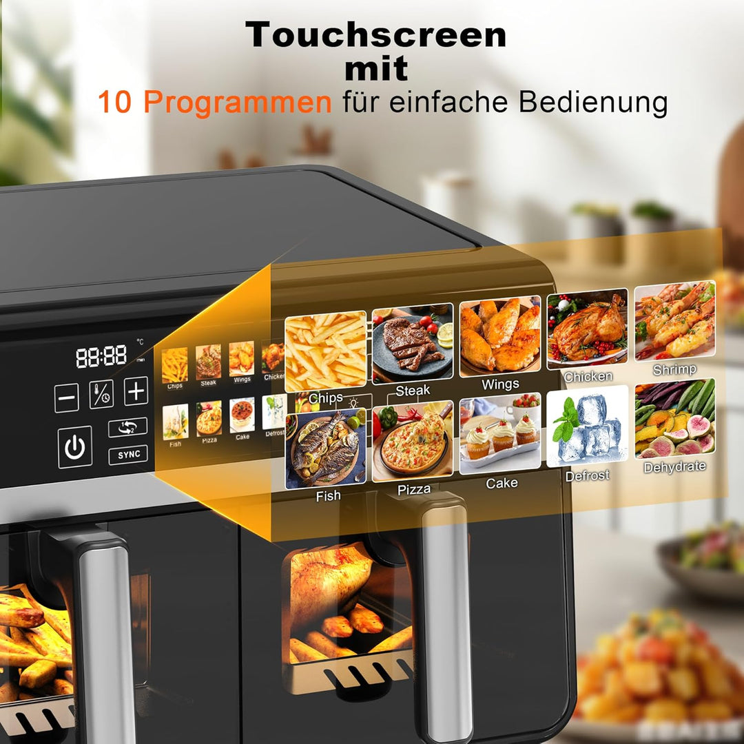 Citybee Heissluftfritteuse 2 Kammern XXL 10L (5L+5L) mit Sichtfenster, Dual Zone Airfryer Doppelkamm