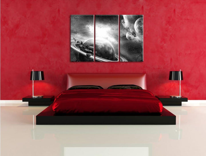 Pixxprint Planeten und Meteoriten im Weltraum Kunst B&W 3-Teiler Leinwandbild 120x80 Bild auf Leinwa