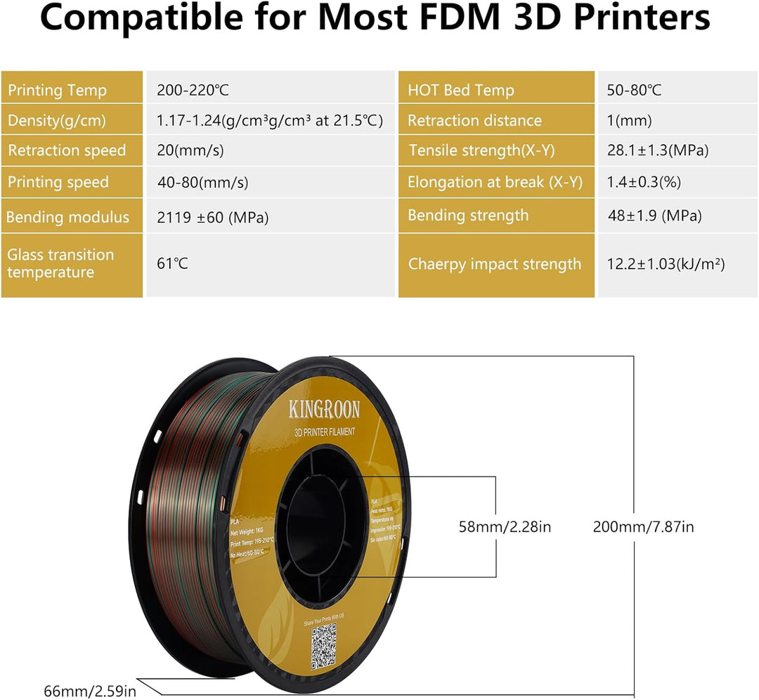 Kingroon PLA 3D-Drucker-Filament, dreifarbiges Seiden-PLA-Filament, Massgenauigkeit +/- 0,03 mm, 1-k