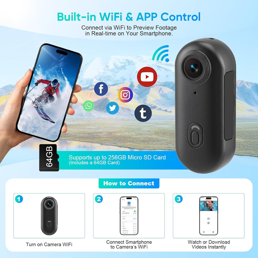 Multifunctional Mini Action Cam WiFi, 4K Bodycam körperkamera,Actionkamera mit 64 GB Speicherkarte,