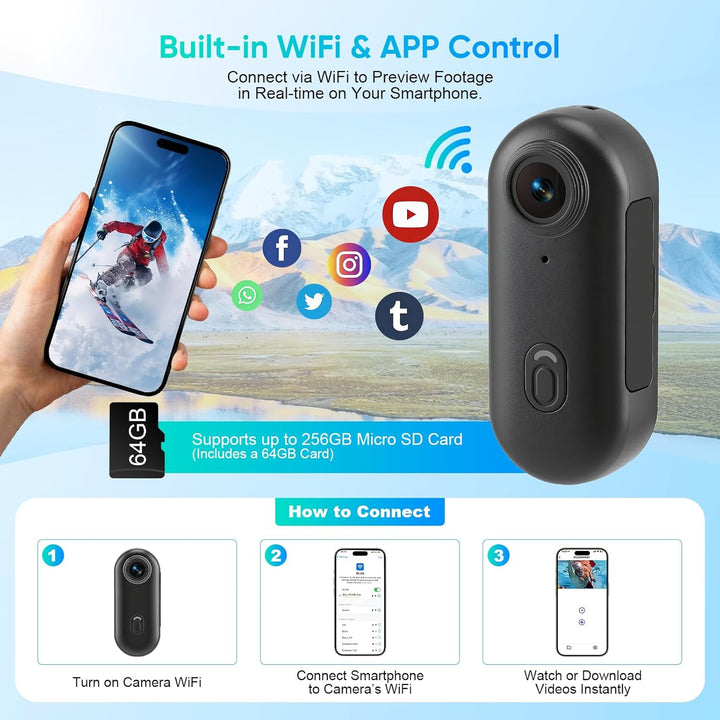 Multifunctional Mini Action Cam WiFi, 4K Bodycam körperkamera,Actionkamera mit 64 GB Speicherkarte,