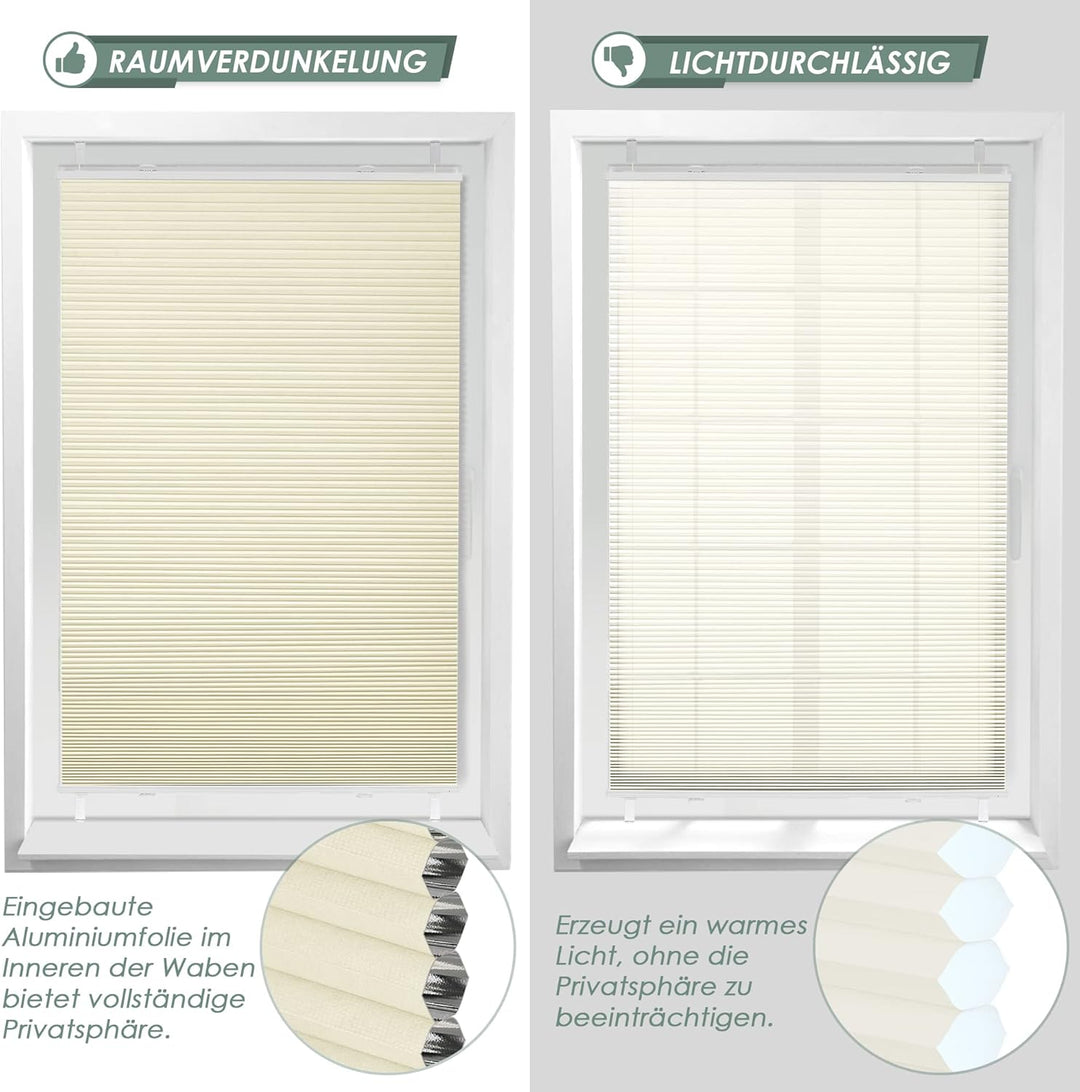 Wabenplissee Plissee ohne Bohren Verdunkelung Klemmfix Thermo Verdunklungsplissee, Beige-Weiss 40x12