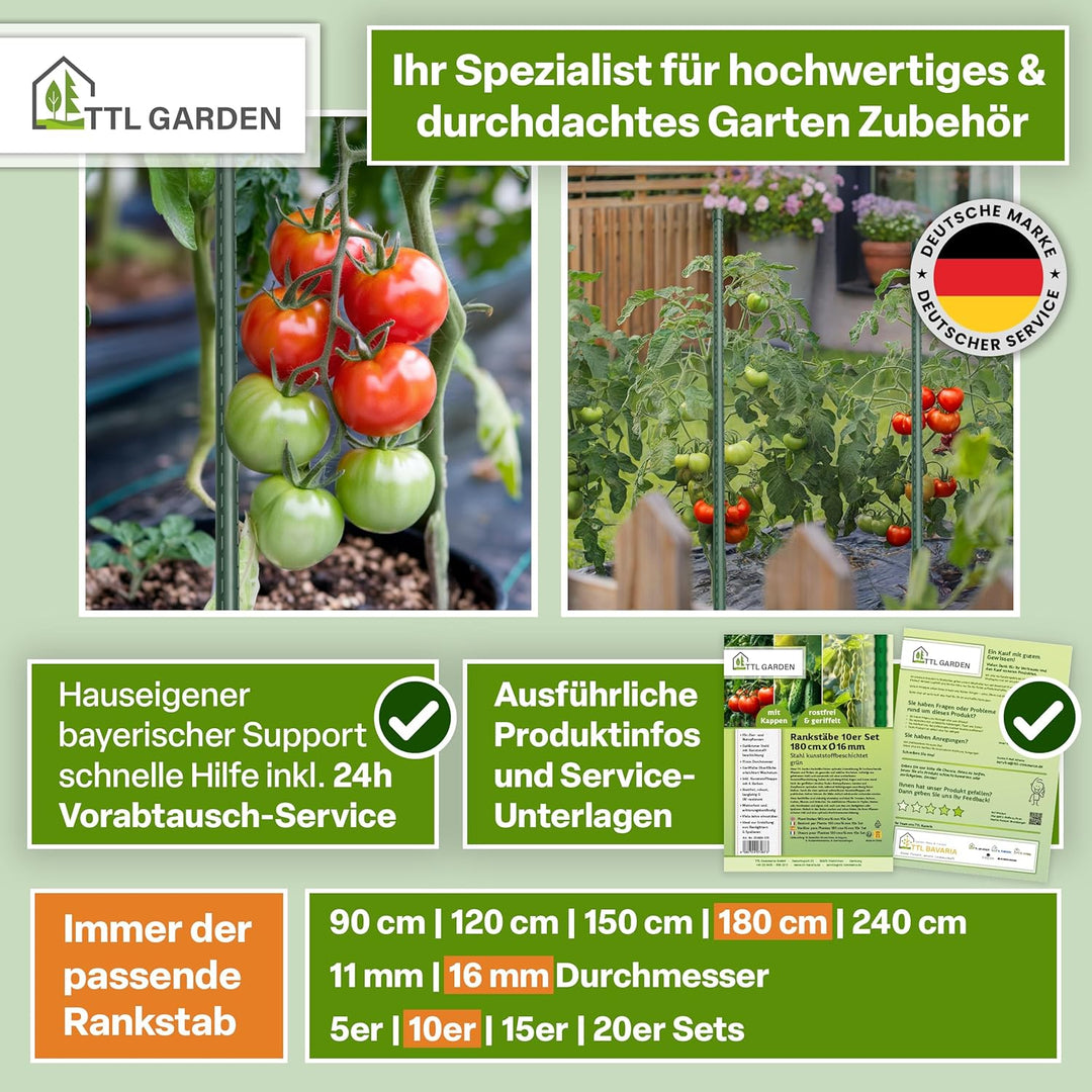 TTL GARDEN Rankstäbe 10er Set 180cm x 16mm Ø grün - extra stabile 16 mm Rankhilfe Pflanzstäbe + Klet