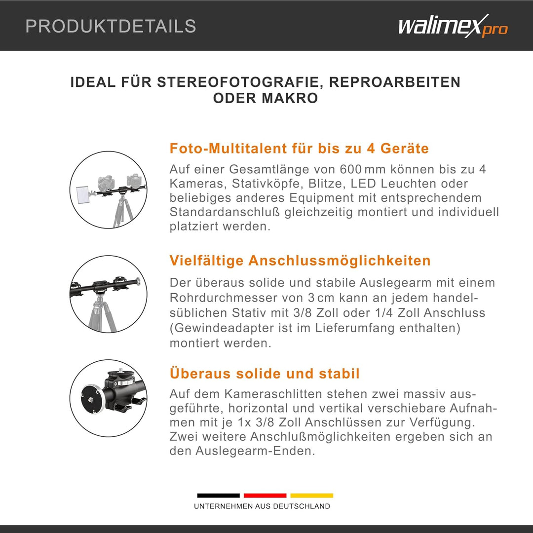 Walimex WT-628 Auslegearm (2 horizontal und vertikal verstellbare Schlitten, 2x 3/8 Zoll, 2x 1/4 Zol