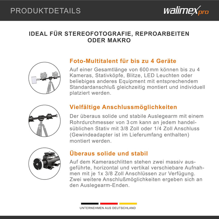 Walimex WT-628 Auslegearm (2 horizontal und vertikal verstellbare Schlitten, 2x 3/8 Zoll, 2x 1/4 Zol
