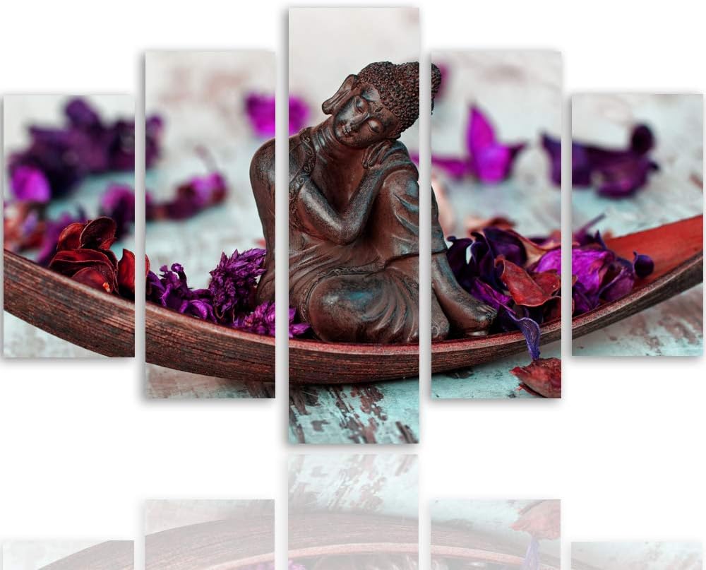 Feeby Bilder Buddha 200x100 cm Leinwandbild 5 Teilig XXL Kunstdruck modern Blumen violett Leinwandbi
