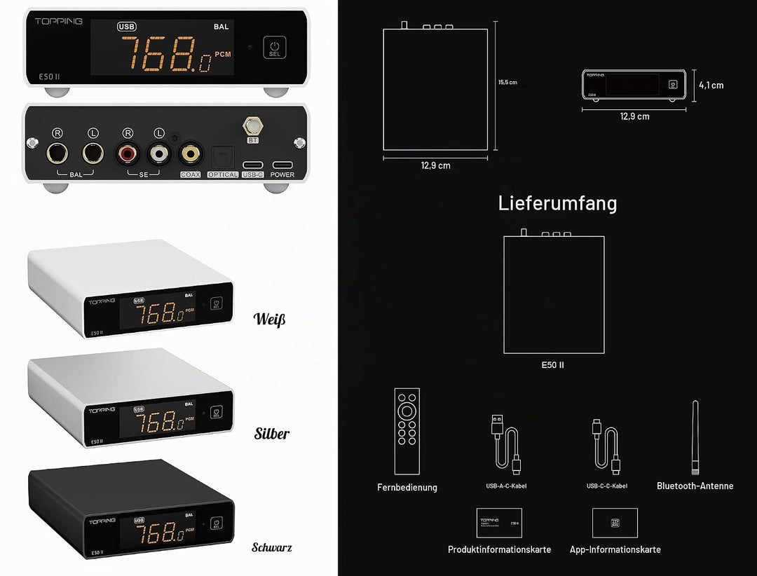 Topping E50 II Mini-HiFi-DAC AK4497S DSD512 PCM768kHz USB-DAC USB-C/Koax/Opt/BT-Eingänge RCA/TRS-Aus