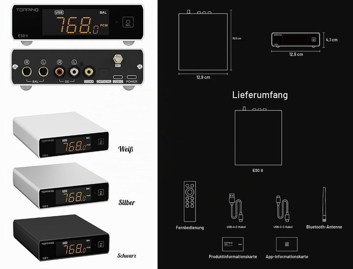 Topping E50 II Mini-HiFi-DAC AK4497S DSD512 PCM768kHz USB-DAC USB-C/Koax/Opt/BT-Eingänge RCA/TRS-Aus