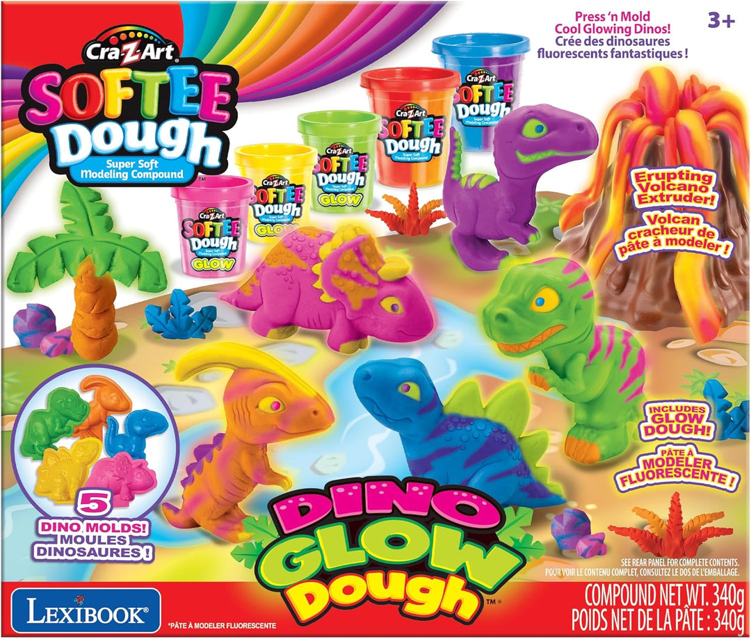 Lexibook, Dino Leuchtende Knetmasse, Blau Violett Rot Orange Grün Gelb Rosa, CRDOUGH11 Dino Glow Dou