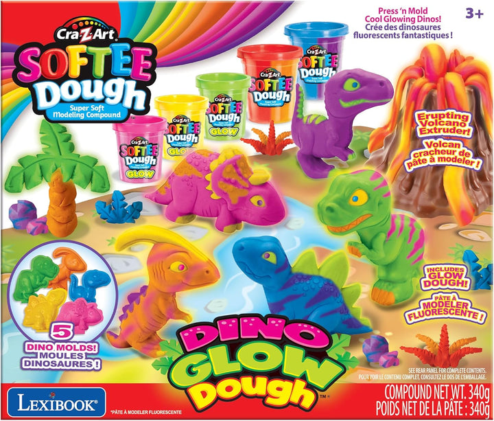 Lexibook, Dino Leuchtende Knetmasse, Blau Violett Rot Orange Grün Gelb Rosa, CRDOUGH11 Dino Glow Dou