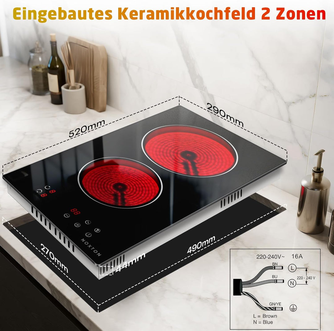 NOXTON Glaskeramikkochfeld 2 Platten, 30cm Autarkes Kochfeld mit Keramikkochfeld, Einbau-Herdplatte,