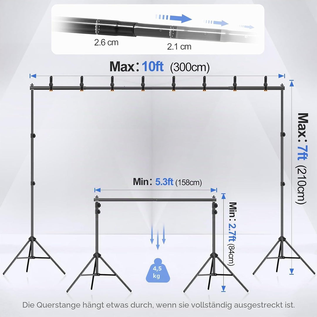 EMART Foto Hintergrund Ständer, 2x3m Verstellbarer Hintergrundsystem mit 4 Stück Hintergrundklemmen,