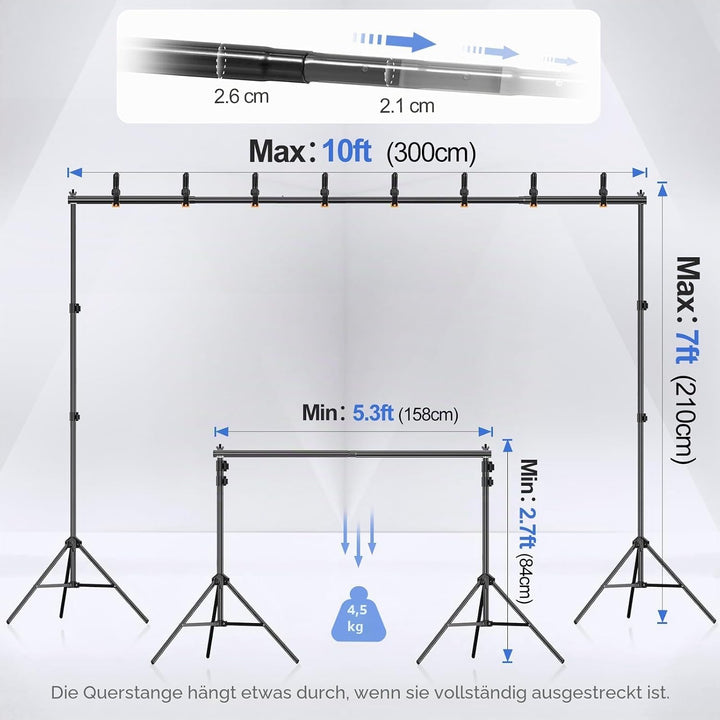 EMART Foto Hintergrund Ständer, 2x3m Verstellbarer Hintergrundsystem mit 4 Stück Hintergrundklemmen,