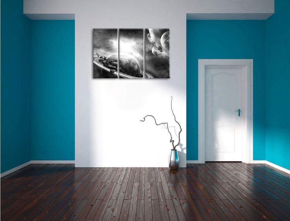 Pixxprint Planeten und Meteoriten im Weltraum Kunst B&W 3-Teiler Leinwandbild 120x80 Bild auf Leinwa