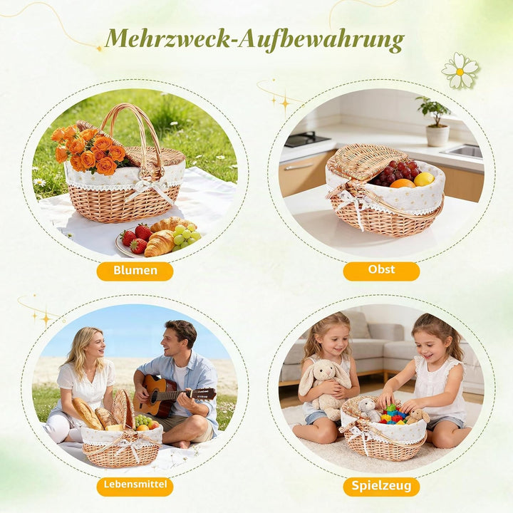 Picknickkorb, Picknickkorb mit Doppelt zu öffnendem Deckel und Klappbarem Griff, Handgewebter Korb m