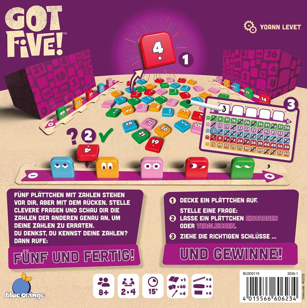 Blue Orange, Got Five!, DE-Version, Schnelles Familienspiel für 2-4 Spieler ab 8 Jahren, Knacke den