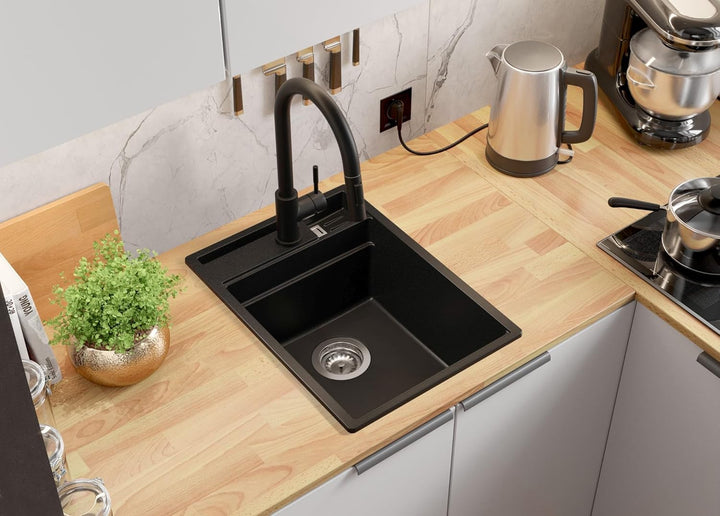 PRIMAGRAN Spülbecken Schwarz 38x53cm, Granitspüle 1 Becken + Ablauf-Set, Küchenspüle ab 40er Untersc