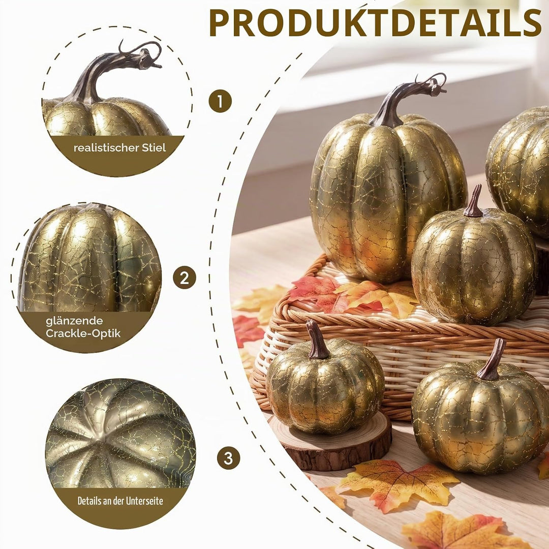 6 Stück Kürbis Deko Herbst,Künstlicher Kürbisse für Halloween Gold, Gold