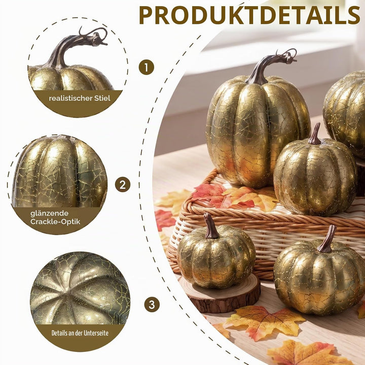 6 Stück Kürbis Deko Herbst,Künstlicher Kürbisse für Halloween Gold, Gold