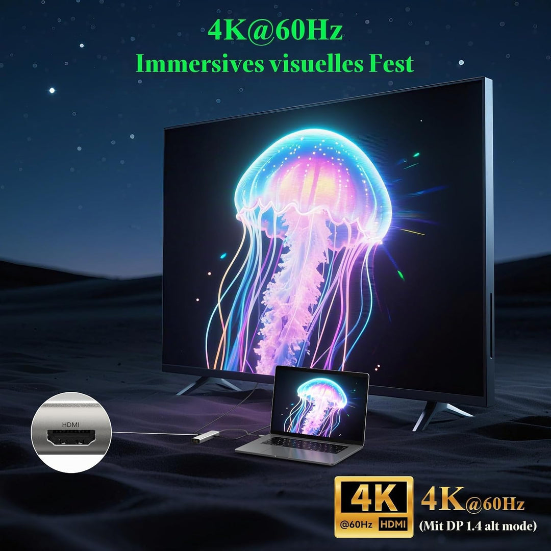 Minthouz USB-C-Hub für Dell, HP Lenovo, 6-in-1-Multiport-Adapter, USB-C-zu-HDMI mit 4K@60Hz, 100W PD