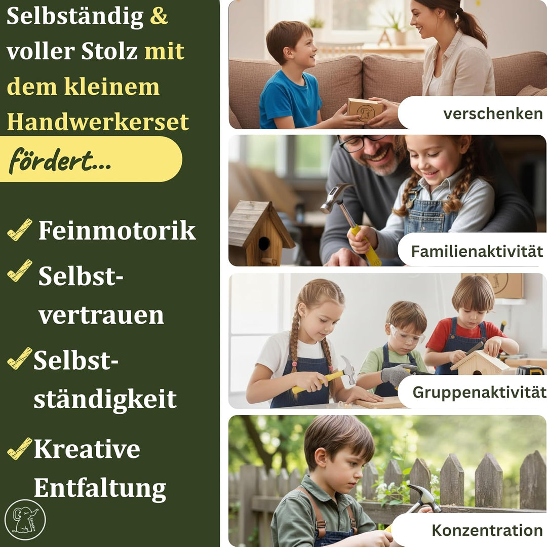 Eli® Kinderwerkzeug Set ab 6 Jahre inkl Kindersäge - Hammer - Holzraspel - Schutzhandschuhe - echtes
