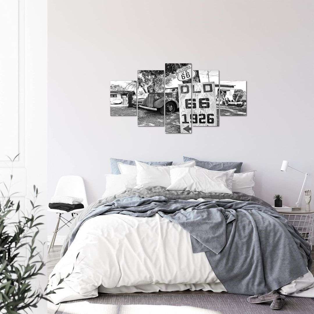 Runa Art Bild Wohnzimmer Auto Route 66 5 Teilig Vintage Schwarz Weiss Wandbilder auf Vlies Leinwand