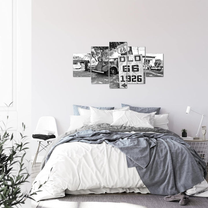 Runa Art Bild Wohnzimmer Auto Route 66 5 Teilig Vintage Schwarz Weiss Wandbilder auf Vlies Leinwand