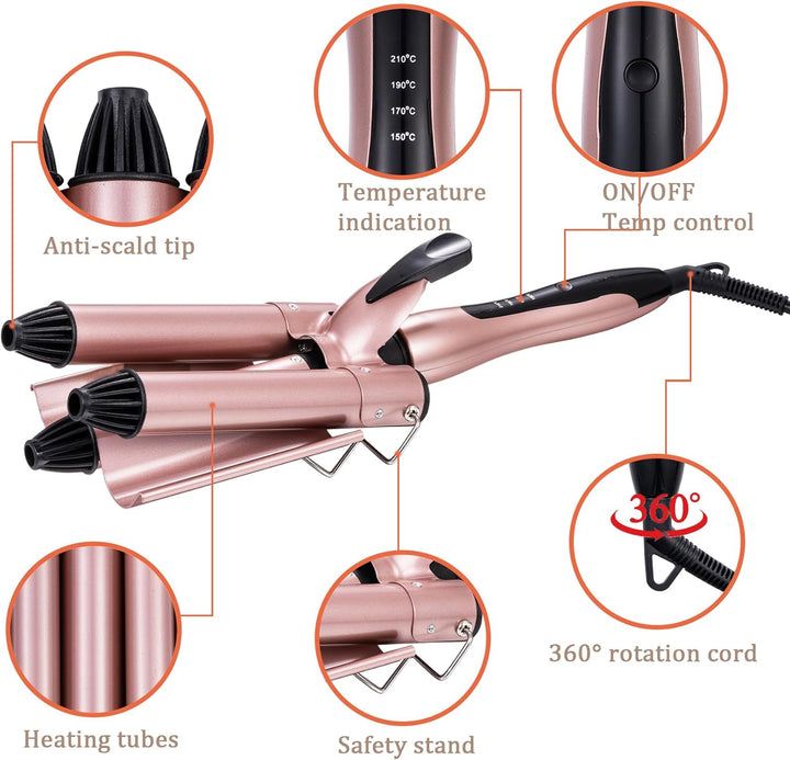 Aischens 3 Fässer Welleneisen 25mm, Lockenstab mit 3 Stangen mit 4 Einstellbaren Temperaturen, Welle