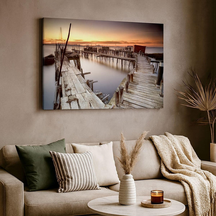 Bilder auf Leinwand 100x70cm Leinwandbild mit Rahmen Brücke Boot Meer Gross Wanddeko Bild Schlafzimm
