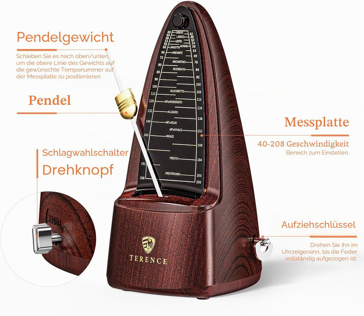 TERENCE Mechanisches Metronom für Klavier Gitarre Bass Violine Bass Metronom mit hoher Präzision Tra