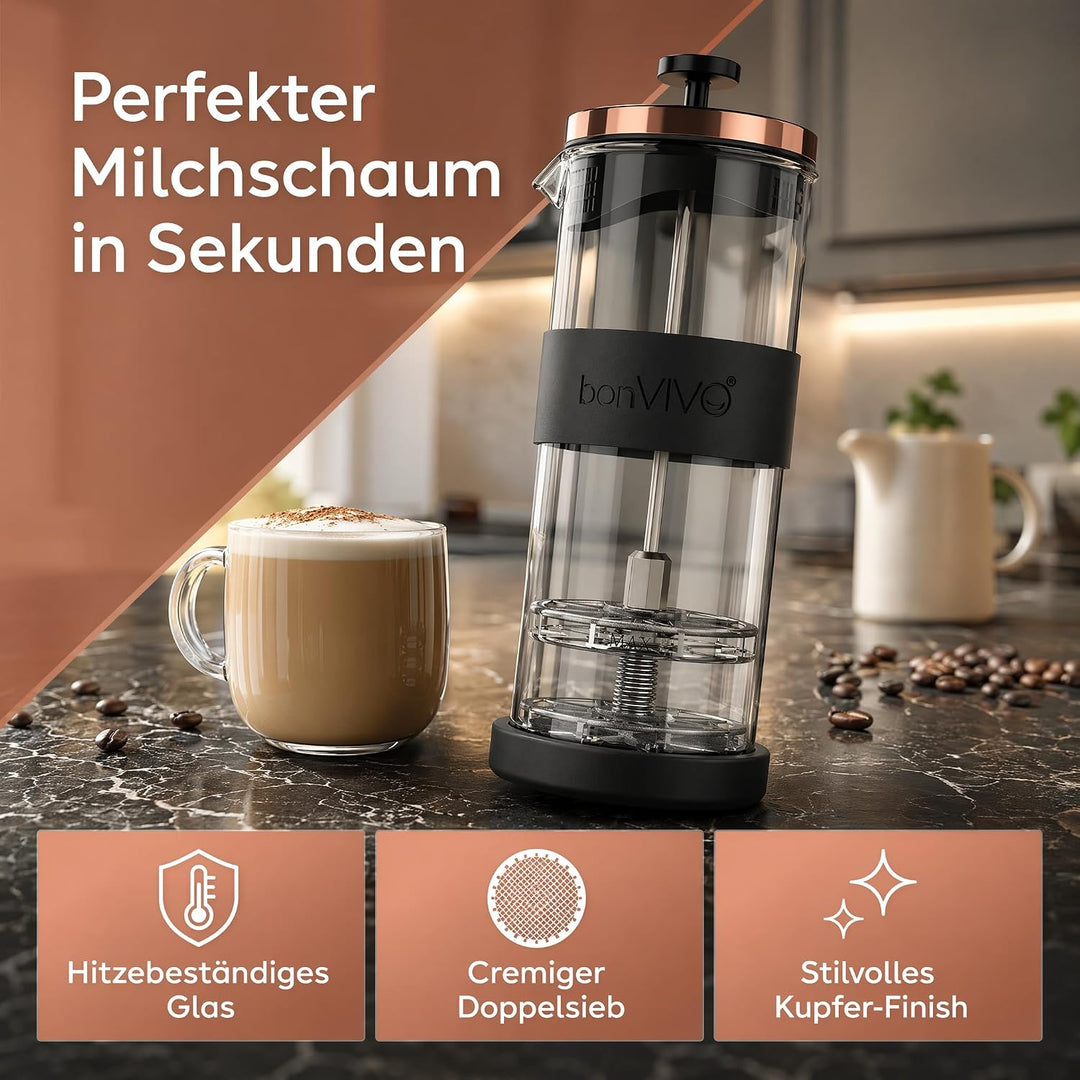 bonVIVO FOMO, Milchaufschäumer Manuell Betrieben, Milchaufschäumer Glas Und Edelstahl, Hand Milchsch