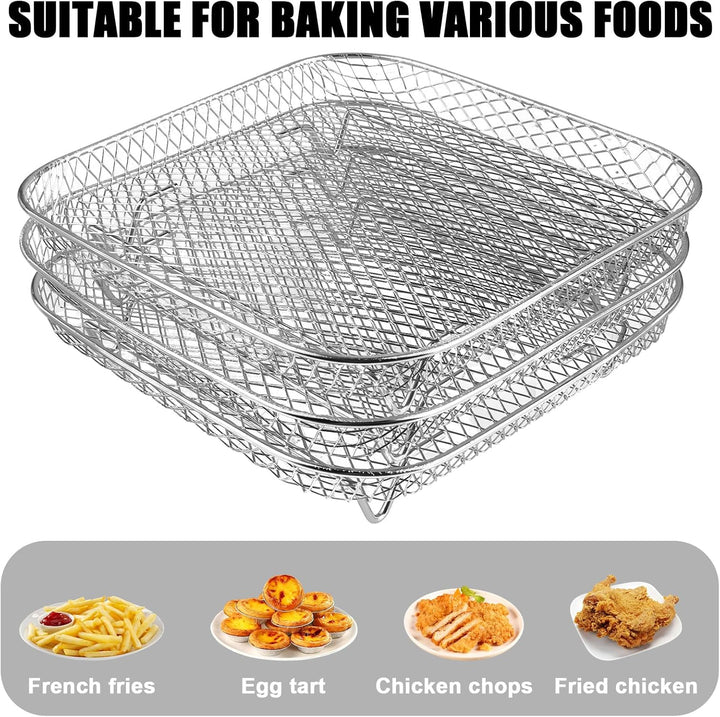 Luftfritteusen Regal, 3 Lagig Stapelbares Edelstahl Quadrat Air Fryer Racks Heissluftfritteuse Zubeh