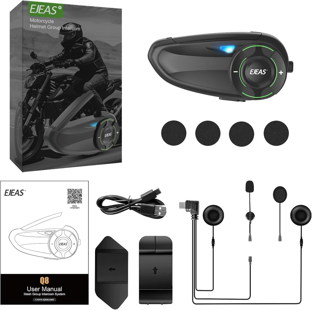 EJEAS Q8 Mesh Motorrad Bluetooth Headset, Helm Intercom für bis zu 6 Motorradfahrer Kommunikationssy