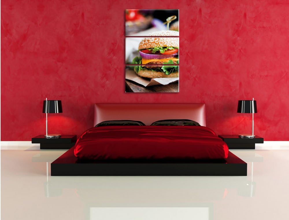 Pixxprint Burger und Pommes als Leinwandbild/Grösse: 3 Teilig (120x80) cm/Wandbild/Kunstdruck/fertig
