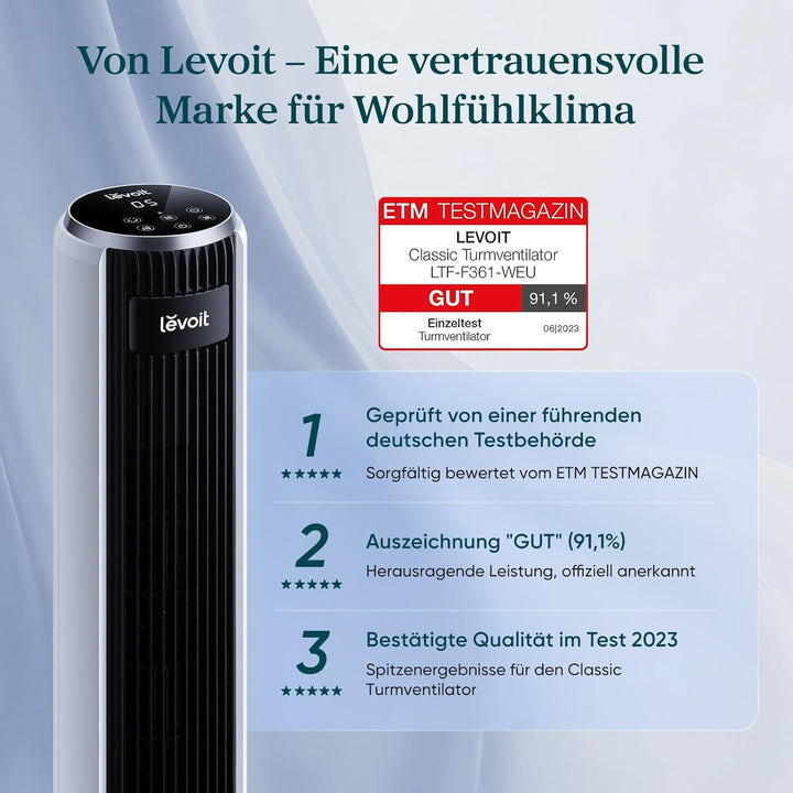 LEVOIT 28dB leiser Turmventilator mit Fortschrittlichem Schlafmodus,7m/s Ventilator mit Fernbedienun