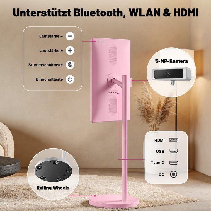 VLH 32 Zoll Portable TV, Mobiler Tragbarer Fernseher auf Rollen, Android 15, EDLA-Zertifiziert, 8G+1