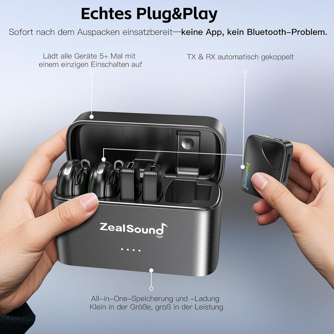 zealsound Kabellos Lavalier Mikrofon für iPhone/Kamera/Android/PC - 48KHz 24bits Hi-Fi-Audio, 40H La