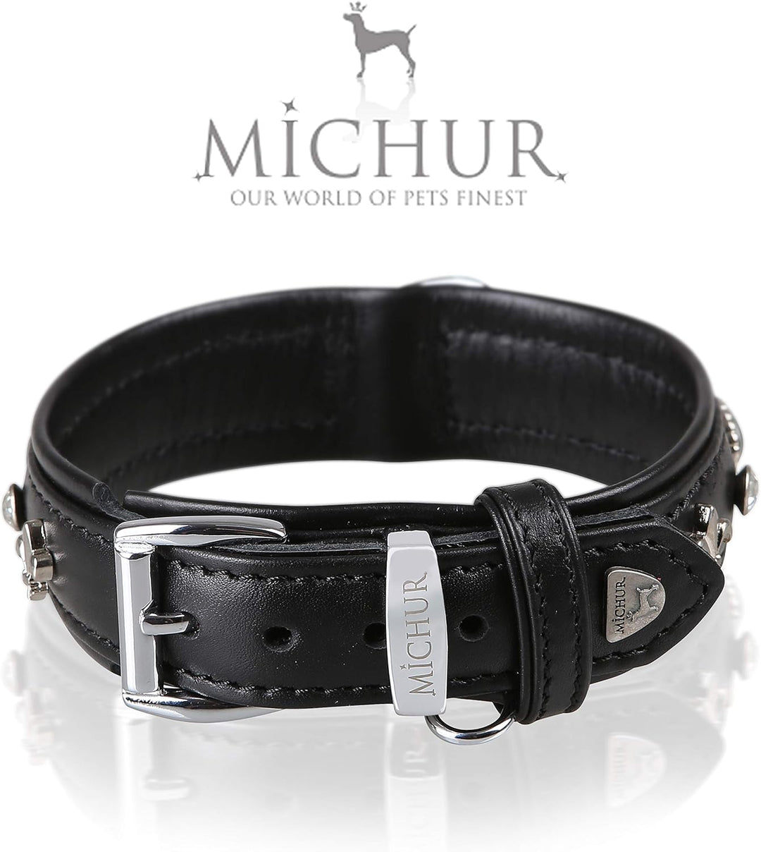 MICHUR EL Pavo Hundehalsband Leder, Lederhalsband Hund, Halsband, Schwarz, Leder, mit Lilien, Strass